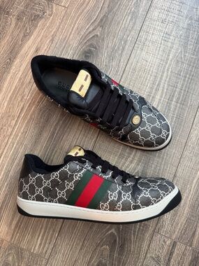 Gucci Black GG Monogram Sneaker with Red & Green Web Stripe
